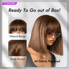 Ash Blonde Highlights with Dark Brown Base Yaki Blunt Cut Bob Wig with Bangs Glueless Minimalist Lace Short Wig