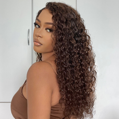 Brown Water Wave 5x5 Closure Lace Glueless Mid Part Long Wig 100% Human Hair - US Only
