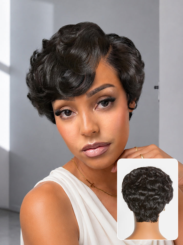 Beginner Friendly Natural Black Lightweight Roll Curl Glueless Minimalist HD Lace Short Pixie Cut Wig Pre Cut Lace