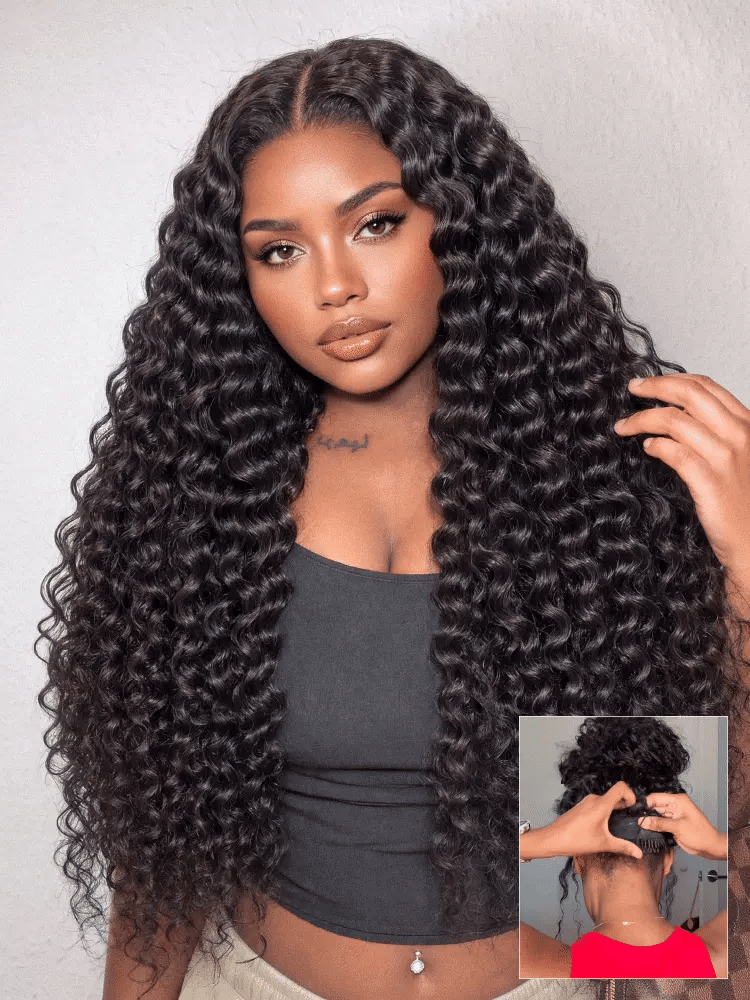 PreMax 180% Density Water Wave Glueless Flexi-Fit Drawstring 13x4 Frontal Lace Fluffy Curly Pre-Cut Lace Wig, 360-Like Design Allows Ponytail & Updo