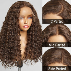 Brown Water Wave 5x5 Closure Lace Glueless Mid Part Long Wig 100% Human Hair  - US Only